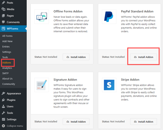Installing the PayPal addon for WPForms