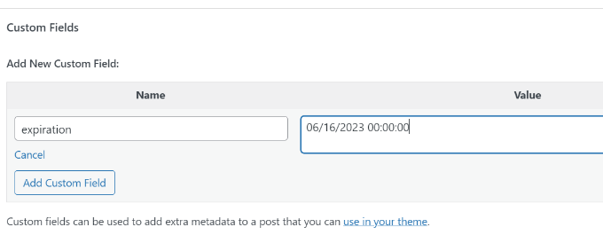 Adding an expiration date using custom field