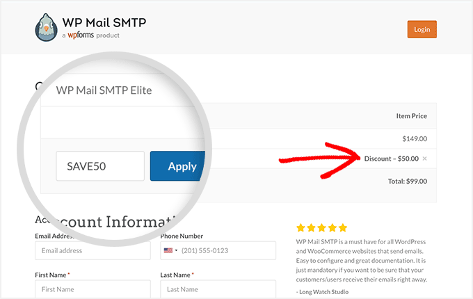 WP Mail SMTP coupon code applied automatically on the checkout page