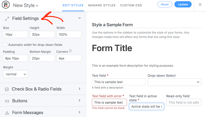 Changing the form field settings