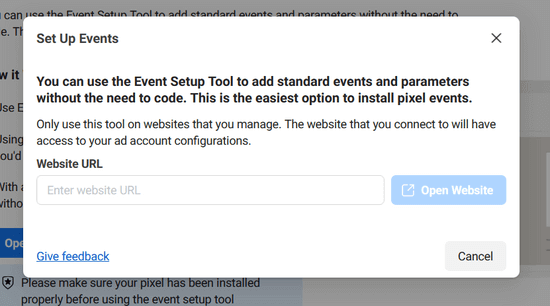Enter your website URL to set up events tracking