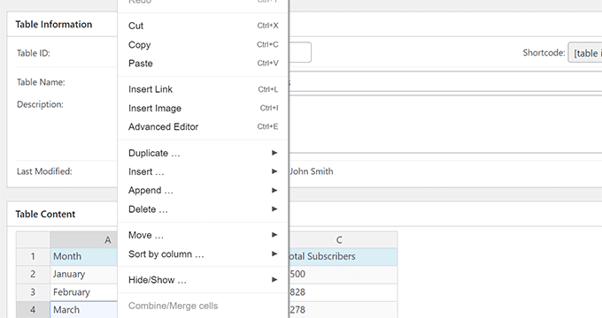 Click table choices