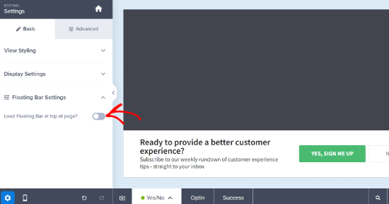 Cargue la barra flotante en la parte superior de la página Mover la barra de alerta hacia arriba