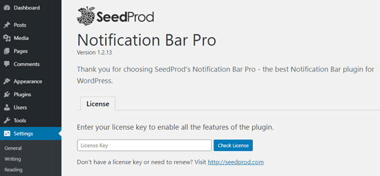 Immettere la chiave di licenza per Notification Bar Pro