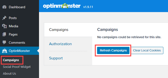 Нажмите кнопку Refresh Campaigns, чтобы увидеть новую кампанию в списке в админке WordPress