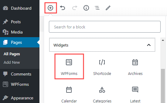 Adding a new WPForms block to a page in WordPress