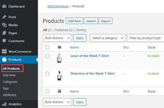 L'elenco dei prodotti di stampa su richiesta in WooCommerce, visualizzato nella dashboard di WordPress