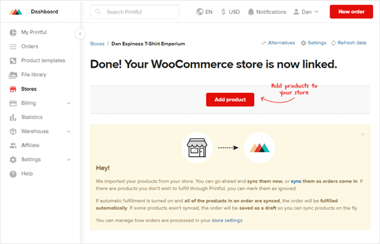 Теперь ваш магазин WooCommerce связан с вашей учетной записью Printful