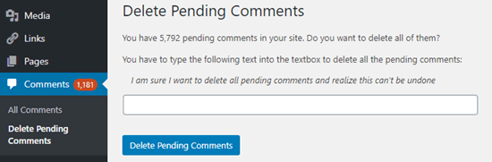 The Delete Pending Comments page in the WordPress admin