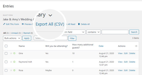 Экспортируйте CSV записи вашей формы RSVP для создания списка гостей