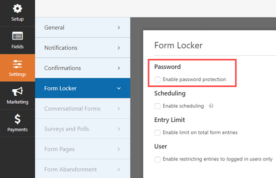 Перейдите на страницу настроек Form Locker в WPForms и поставьте галочку напротив пункта 