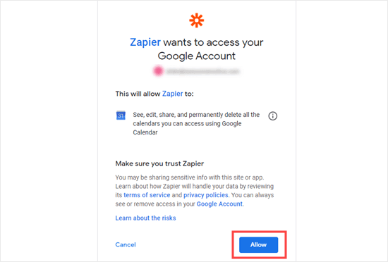 Дайте Zapier разрешение на доступ к вашему Календарю Google