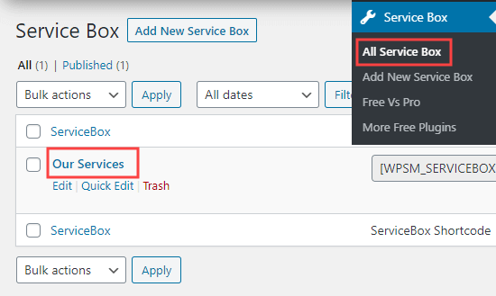 The page showing your service boxes