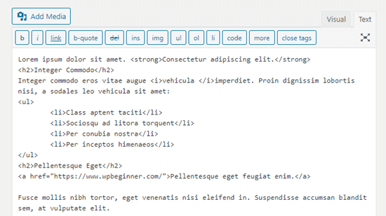 Il codice di formattazione corretto nell'editor classico