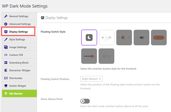 Choosing the type of night mode toggle button in the Display Settings