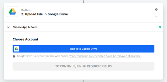 Вход в Google Drive при запросе Zapier