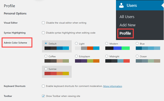 Выбор цветовой схемы администратора в WordPress, на странице профиля пользователя