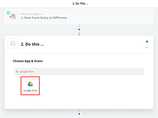 Выбор приложения Google Drive в качестве действия для zap