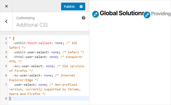 Aggiunta del codice CSS per impedire la selezione del testo e copia / incolla