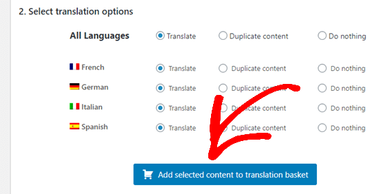 Clicking the button to add your selected content to your translation basket
