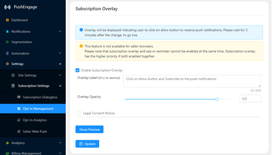 The subscription overlay settings in PushEngage