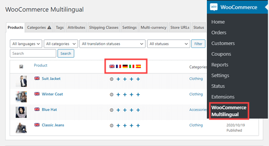 Просмотр таблицы товаров на многоязычной странице WooCommerce