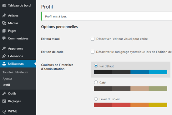 The WordPress admin area shown in French