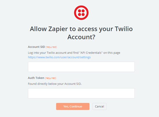 Дайте Zapier доступ к вашей учетной записи Twilio, введя SID вашей учетной записи Twilio и auth-токен