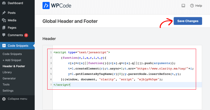 Paste the Microsoft Clarity Tracking Code Into WPCode's Header Field