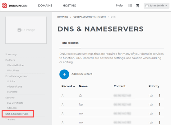 Просмотр сведений о DNS для вашего домена Domain.com