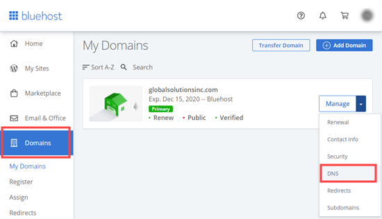 Gestire le impostazioni DNS per il tuo dominio in Bluehost