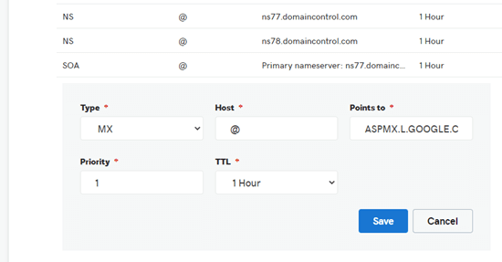 The option to add new MX records to your domain