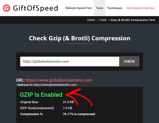 Using a GZIP test tool to see that GZIP is enabled on the specifed website