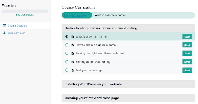 A course curriculum created using the MemberPress LMS