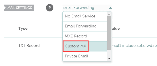 Selezionando l'opzione Custom MX in Namecheap