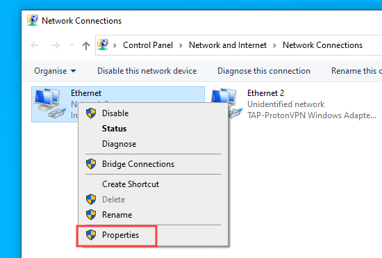 Click on the Properties for your active internet connection