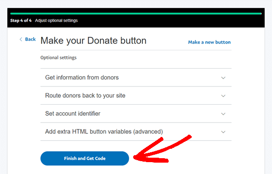 Завершите создание вашей кнопки пожертвования и получите код для нее