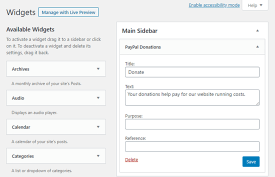 Adding the PayPal donations widget to the sidebar