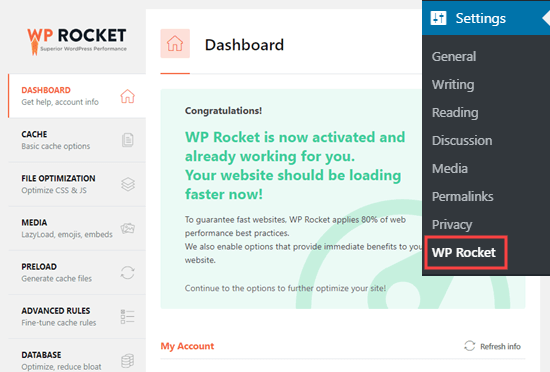 Thông báo cho thấy WP Rocket đang hoạt động và hoạt động trên trang web của bạn