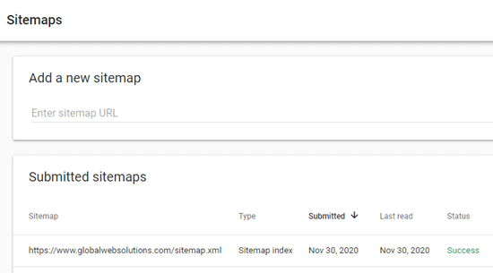 La tua mappa del sito dovrebbe apparire nella tabella dopo averla inviata a Google Search Console