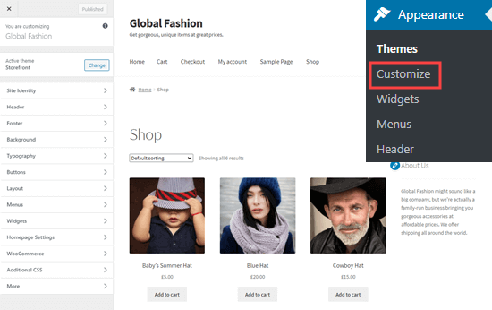 Il personalizzatore del tema WordPress, che mostra la pagina principale del negozio
