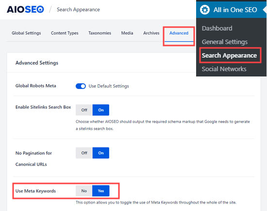 Enable meta keywords option in All in One SEO