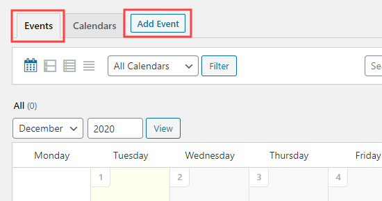 The Add Event button that lets you create a new event