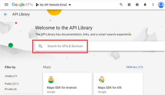 The API library search bar
