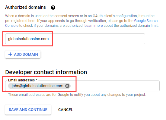 Ввод вашего домена и контактного адреса электронной почты