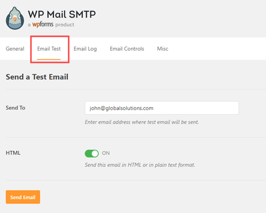 Отправка тестового письма из WP Mail SMTP для проверки правильности настроек
