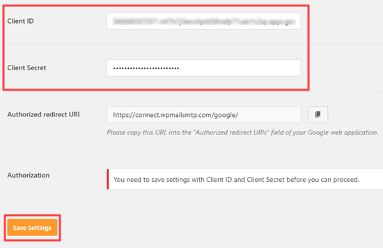 Inserendo l'ID client e il segreto del client nelle impostazioni SMTP di WP Mail