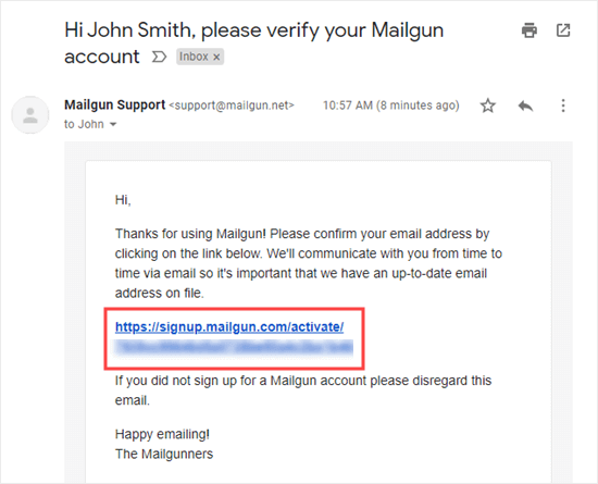 Нажмите на ссылку, чтобы проверить свой адрес электронной почты в Mailgun