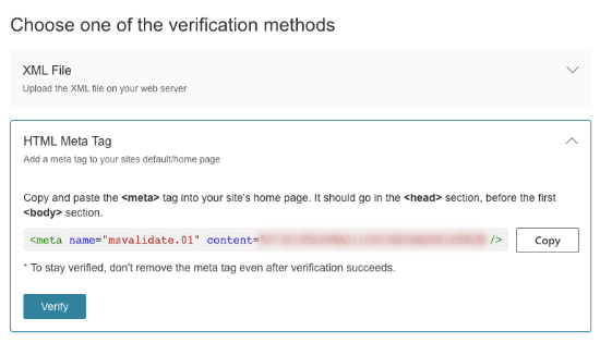 Copy meta tag to verify site in Bing Webmasters Tool