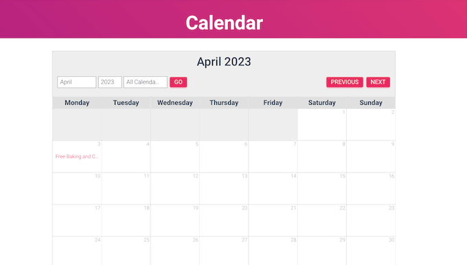 تقویمی که با استفاده از Sugar Calendar ایجاد شده است